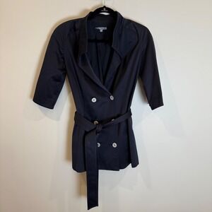 Bill Blass New York Navy Blue Cotton Blend Belted Trench Jacket Blazer Size 10